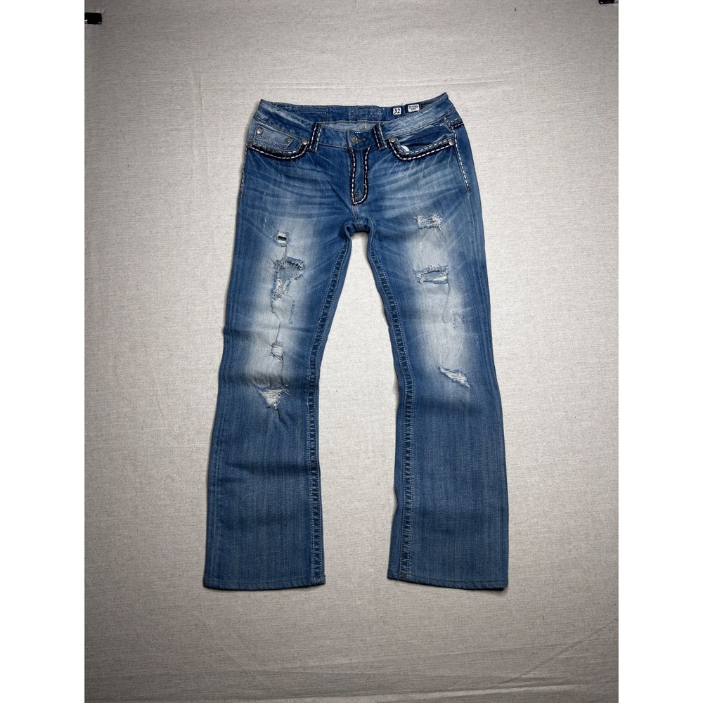 Miss Me Women's Size 32 Boot Cut Jeans Blue Distressed Embroidered Denim